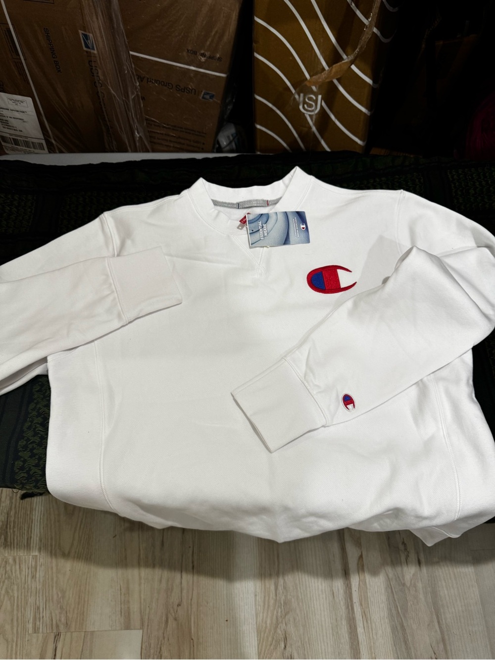 Champion White Crewneck Sweatshirt with Red & Blue Logo
